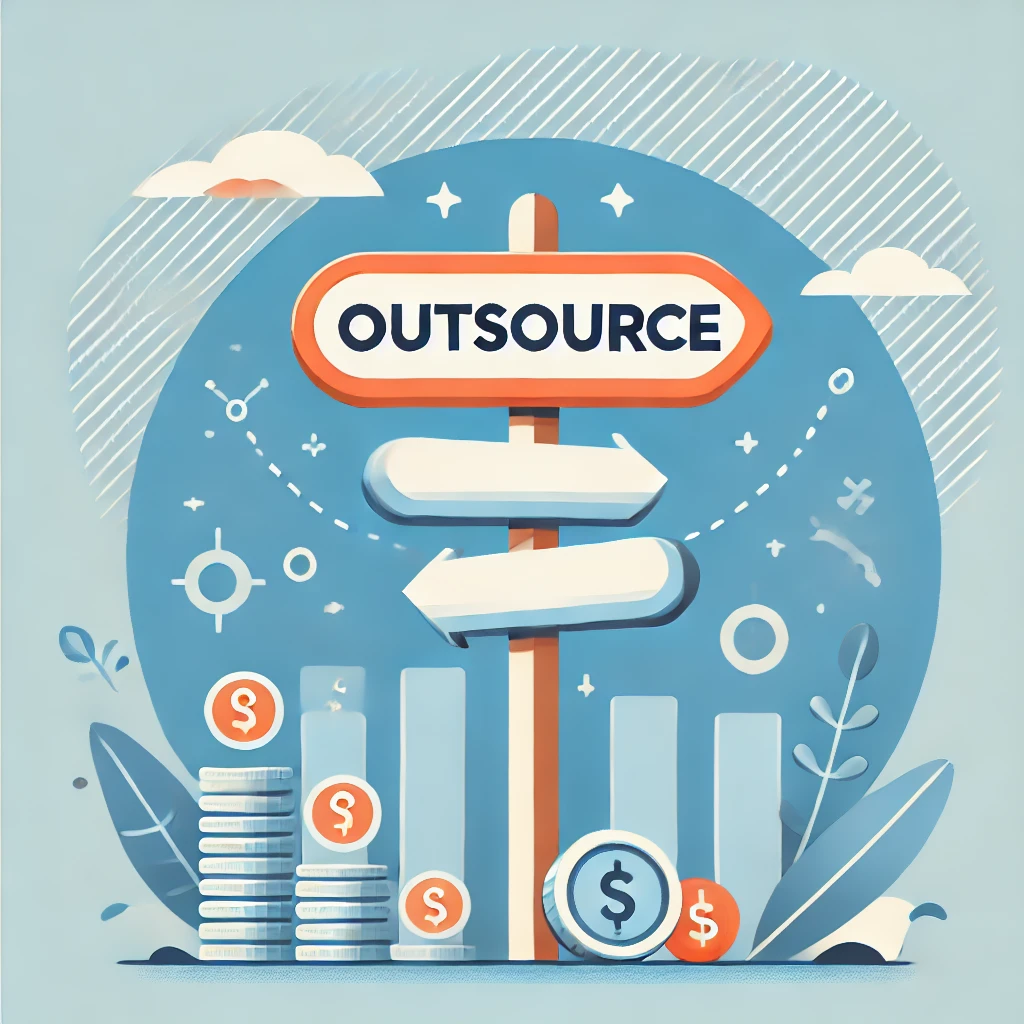 Illustration of an 'OUTSOURCE' signpost with business growth icons, including stacked coins, upward arrows, and a modern blue background, representing outsourcing benefits like cost efficiency, scalability, and streamlined business operations.